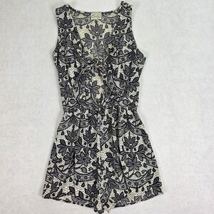 Intro by USA Womens Black Cream Floral Lace Print Sleeveless Tie Front Romper